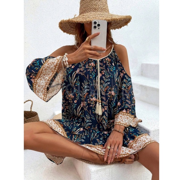 Navy Blue Cold Shoulder Tassel Detail Loose Fitting Mini Dress Short Floral - Picture 4 of 11